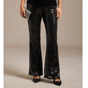 Giddy Up Glamour NWOT Elastic Belted / Waist Black Shiny Sequin Wide Leg Pants L